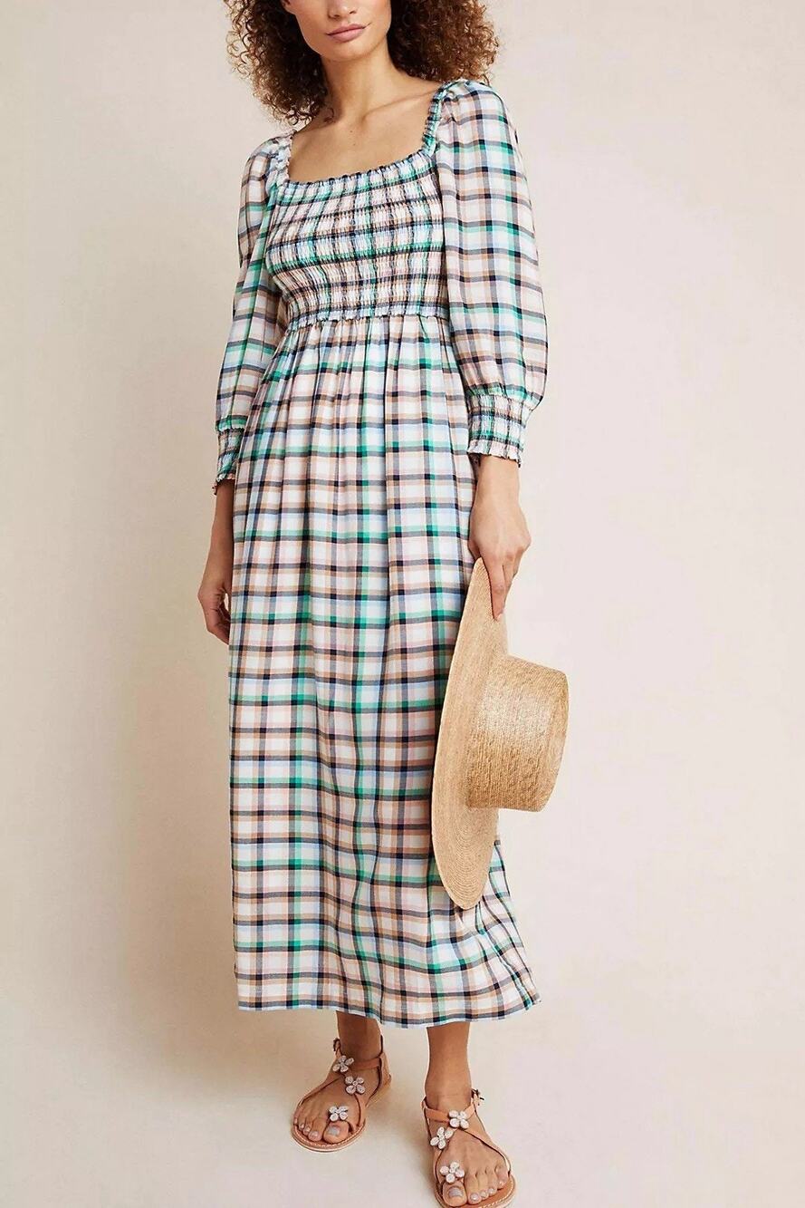 Anthropologie Maeve Cerie Smocked Maxi Dress Pastel Plaid Cottagecore Boho Sz XS